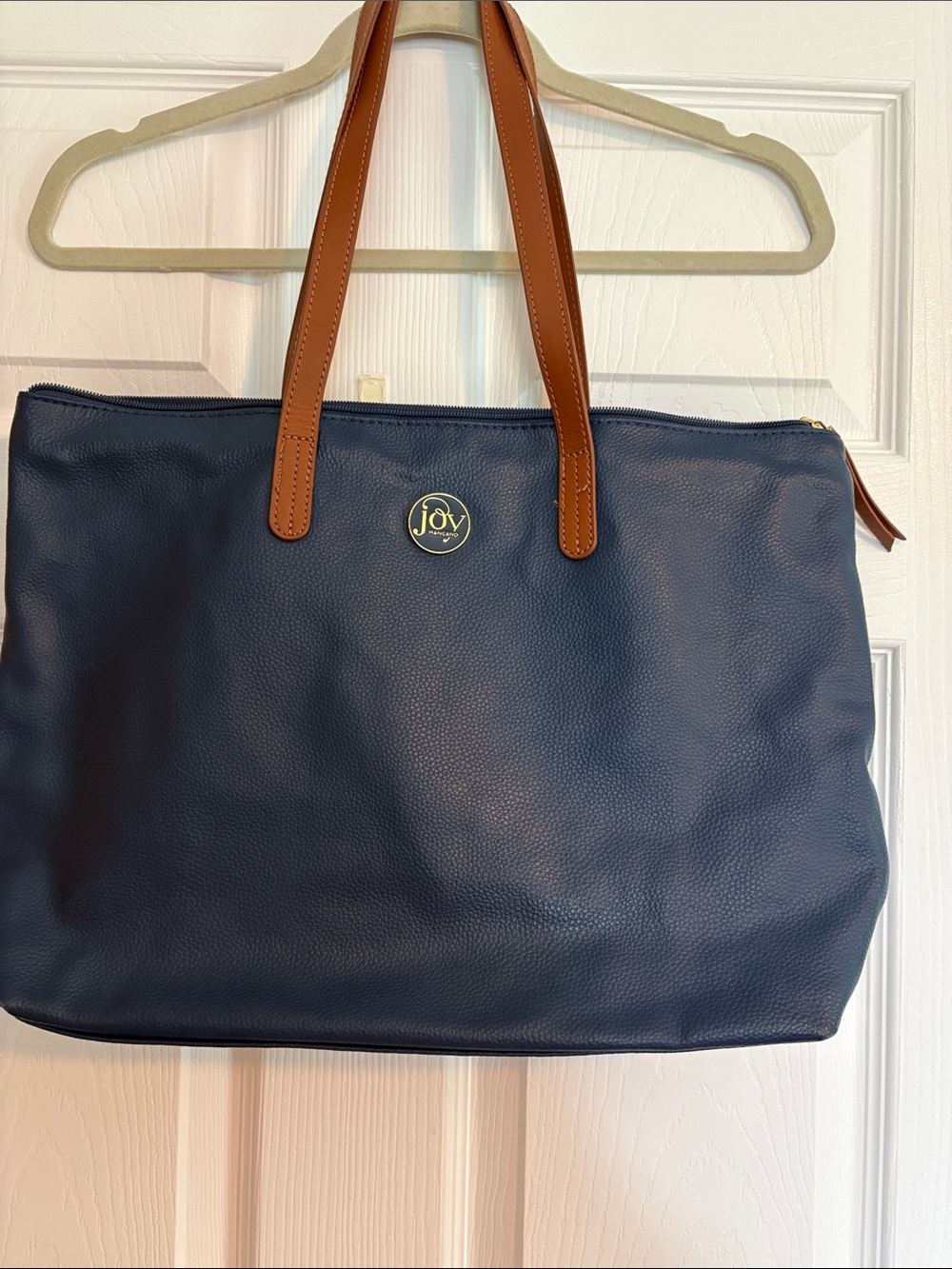 Joy Mangano Leather Navy Tote with Brown Handles
